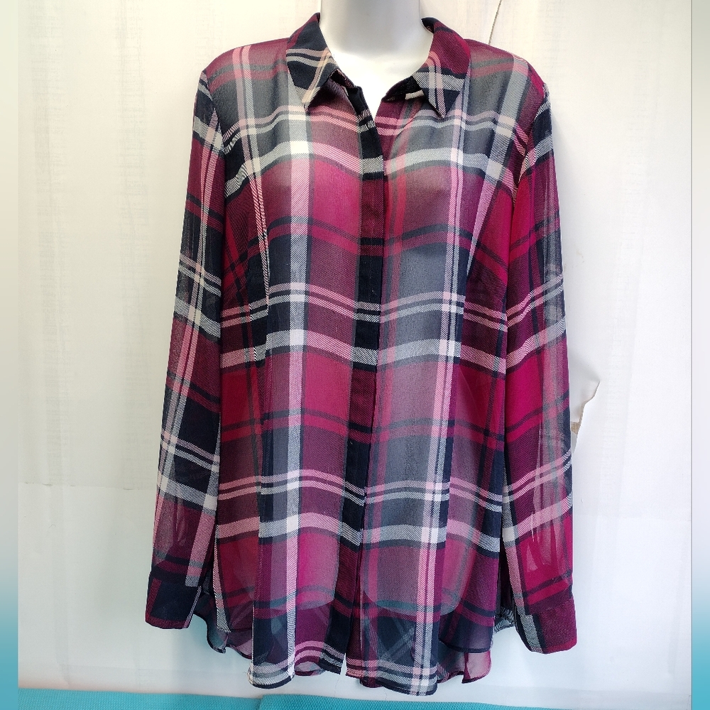 Lane Bryant Blouse Womens Button Up High Low Sheer Shirt Plaid 18/20